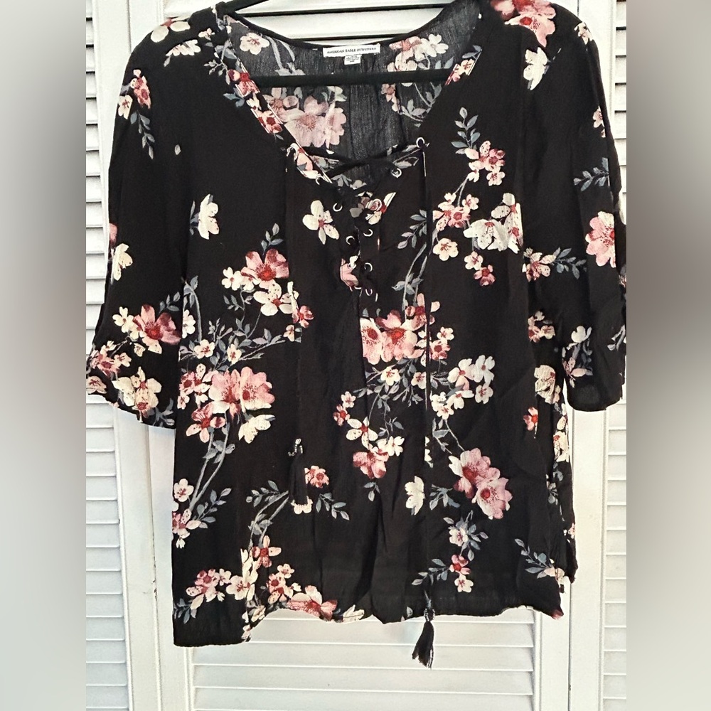 Floral Lace-Up Black Top